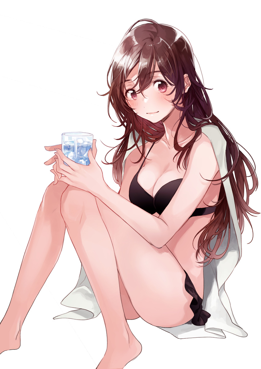 1girl absurdres bangs bare_arms bare_legs barefoot bikini bikini_skirt black_bikini blush breasts brown_eyes brown_hair character_request cleavage collarbone cup drinking_glass fly_(marguerite) glass hair_between_eyes halter_top halterneck highres holding holding_cup ice legs long_hair medium_breasts novel_illustration official_art saeki-san_to_hitotsu_yane_no_shita sitting solo swimsuit towel