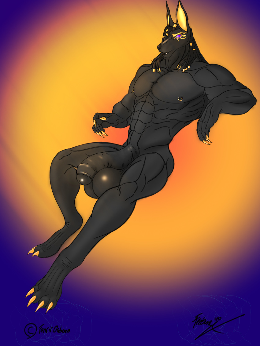 2020 abs absurd_res anthro anubian_jackal anubis balls biceps big_balls big_penis black_body black_penis canid canine canis claws deity digital_media_(artwork) egyptian egyptian_mythology fenrir_osbone genitals glowing glowing_eyes hair hi_res huge_penis humanoid_penis invalid_color jackal long_hair long_penis male mammal markings middle_eastern_mythology muscular mythology nipple_piercing nipples nude paws pecs penis piercing simple_background sitting solo tailless thick_penis uncut