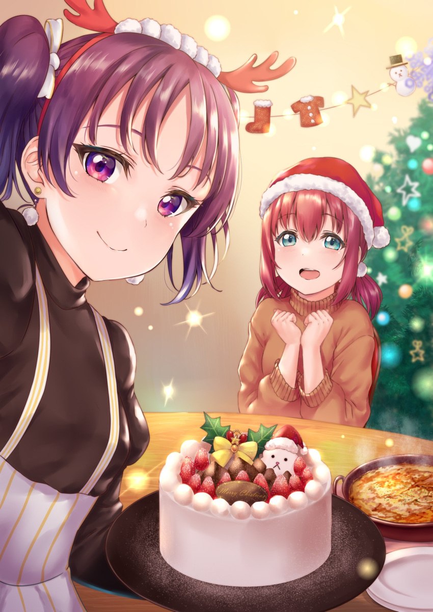 2girls :d black_sweater blurry blurry_background bow brown_sweater cake christmas christmas_tree closed_mouth earrings fake_antlers food fur-trimmed_hat green_eyes hair_bow hairband hat highres holding holding_plate jewelry kazuno_leah kurosawa_ruby long_hair long_sleeves looking_at_viewer love_live! love_live!_sunshine!! multiple_girls open_mouth plate purple_eyes purple_hair rama_(yu-light8) red_hair red_hairband red_headwear santa_hat shiny shiny_hair short_hair sitting smile sweater white_bow