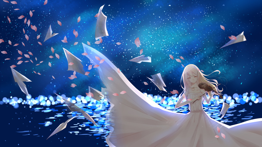 1girl absurdres blonde_hair closed_eyes closed_mouth collarbone dress facing_viewer floating_hair highres holding holding_instrument instrument long_dress long_hair miyazono_kawori music night night_sky outdoors petals playing_instrument shigatsu_wa_kimi_no_uso shiroi_sange sky sleeveless sleeveless_dress solo star_(sky) starry_sky sundress very_long_hair violin white_dress