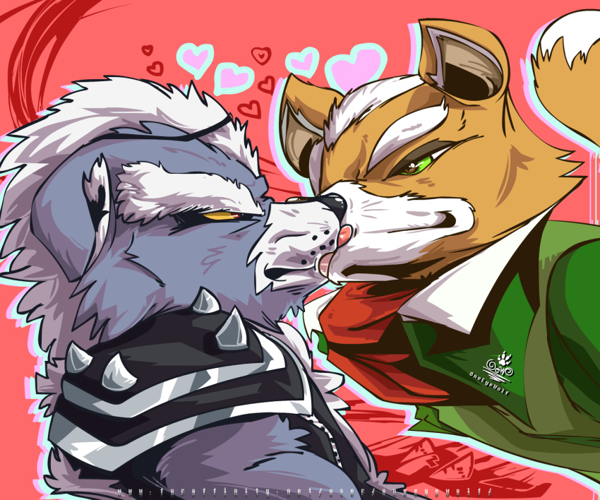 canid canine canis eyewear fox fox_mccloud fur grey_body grey_fur hands_together happy hi_res kissing male male/male mammal nintendo oneeyewolf oneeyewolf_(artist) orange_body orange_fur romantic_ambiance smile star_fox video_games wallpaper wolf wolf_o'donnell