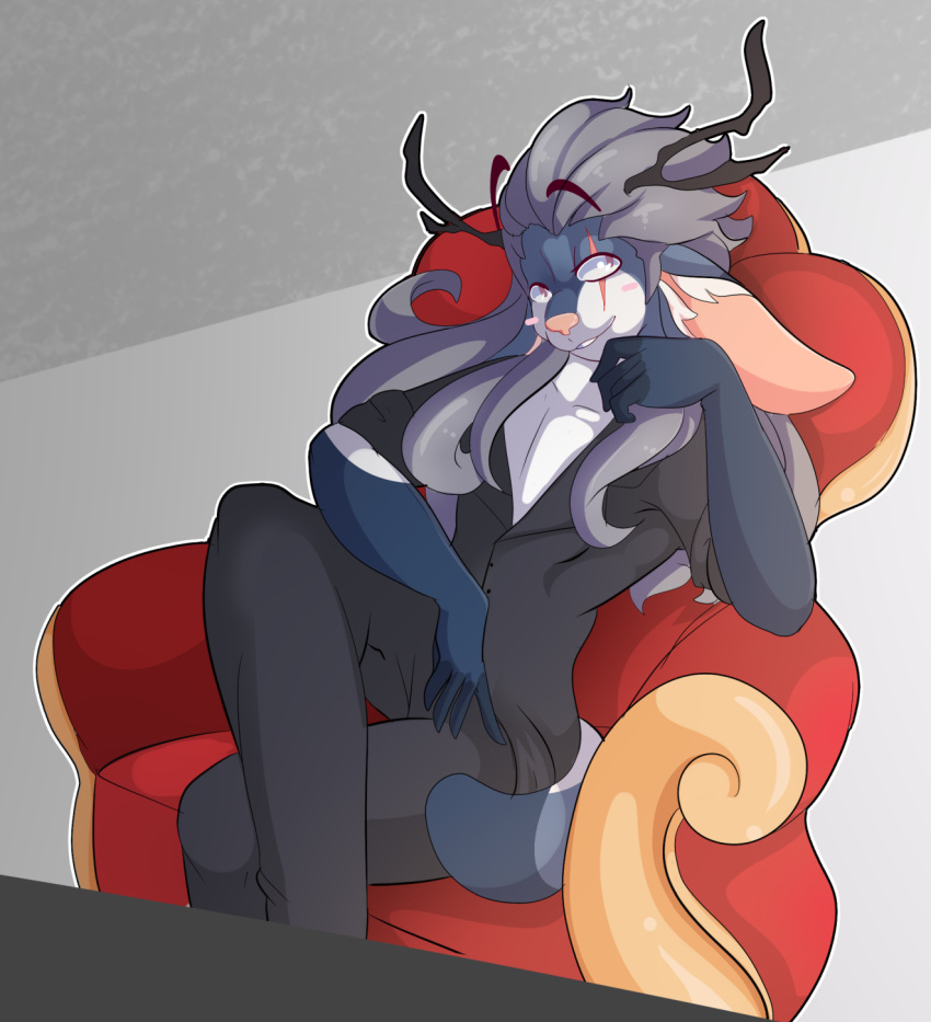 2019 anthro antlers azul_alexander blue_body blue_fur blush blush_stickers bottomwear cervid chair clothing cosplay dress_shirt fur furniture hair hi_res horn kaito_(vocaloid) lolzneo looking_at_viewer male mammal pants scar shirt sitting smile solo topwear vocaloid white_body white_fur