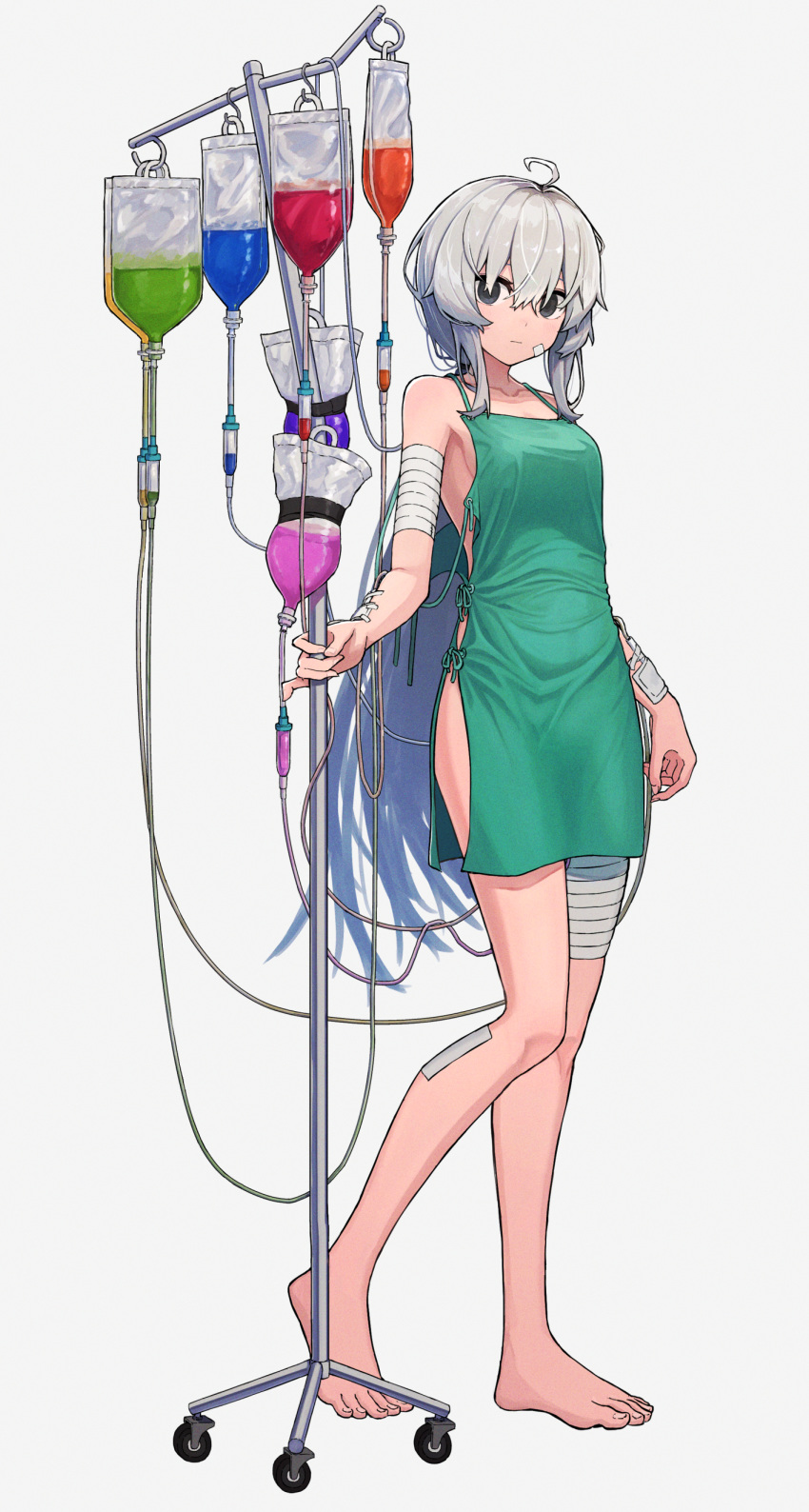 1girl absurdres bandages barefoot breasts closed_mouth full_body grey_background grey_eyes grey_hair highres hospital_gown intravenous_drip long_hair medium_breasts original wozora