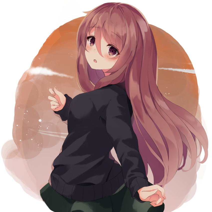 1girl :o bangs black_shirt blush breasts brown_eyes brown_hair commentary_request eyebrows_visible_through_hair green_skirt hair_between_eyes highres hoshino_shizuru long_hair long_sleeves looking_at_viewer looking_to_the_side medium_breasts mizu_(lzzrwi603) parted_lips pleated_skirt princess_connect! princess_connect!_re:dive shirt skirt sleeves_past_wrists solo very_long_hair