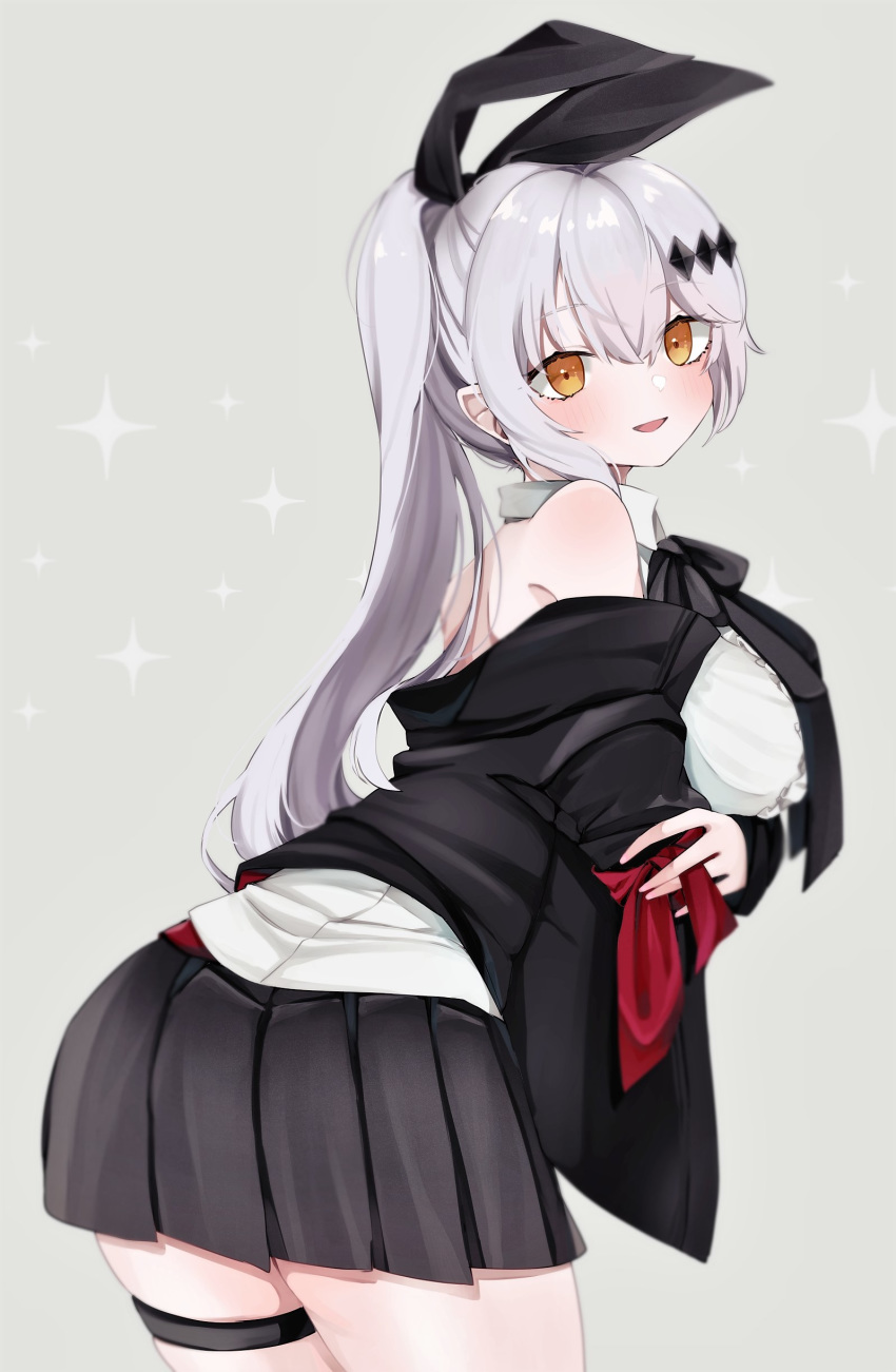 1girl absurdres bangs black_jacket black_neckwear black_skirt blush breasts eyebrows_visible_through_hair five-seven_(girls_frontline) from_behind girls_frontline grey_background hair_ornament hair_ribbon highres jacket kairi630 long_hair open_mouth pleated_skirt ponytail ribbon silver_hair simple_background skirt solo sparkle thigh_strap yellow_eyes