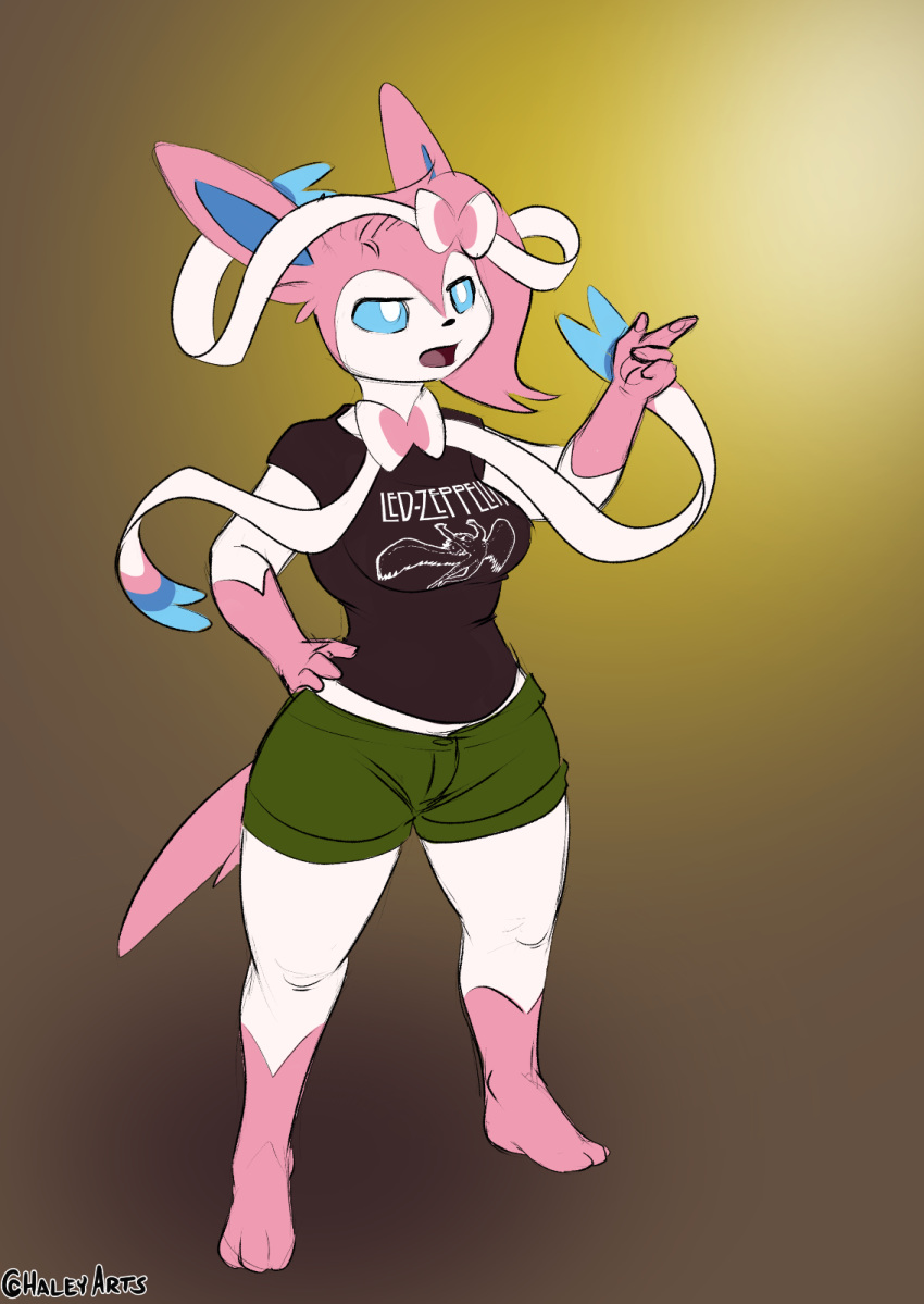 2020 alternate_species annoyed anthro band_shirt barefoot blue_sclera bottomwear breasts clothing eeveelution female halcy0n haley_the_meerkat hand_on_hip hi_res nintendo open_mouth pok&eacute;mon pok&eacute;mon_(species) ribbons shirt shorts simple_background solo standing sylveon t-shirt topwear video_games