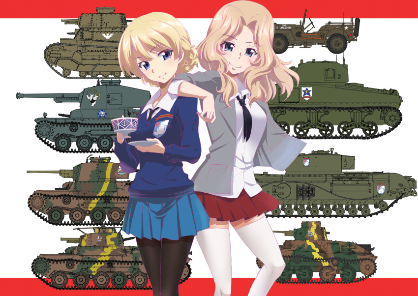 2girls anteater bangs bird black_legwear black_neckwear blazer blonde_hair blouse blue_eyes blue_skirt blue_sweater braid chi-hatan_(emblem) churchill_(tank) closed_mouth collared_blouse commentary cup darjeeling_(girls_und_panzer) dress_shirt duck elbow_on_another's_shoulder emblem eyebrows_visible_through_hair girls_und_panzer grey_jacket ground_vehicle hair_intakes head_tilt highres holding holding_cup holding_saucer jacket jeep kay_(girls_und_panzer) long_hair long_sleeves looking_at_viewer m4_sherman military military_vehicle miniskirt motor_vehicle multiple_girls necktie ooarai_(emblem) open_clothes open_jacket pantyhose pleated_skirt red_skirt saitaniya_ryouichi saucer saunders_(emblem) saunders_school_uniform school_uniform shirt short_hair side-by-side skirt sleeves_rolled_up smile st._gloriana's_(emblem) st._gloriana's_school_uniform standing sweater tank teacup thighhighs tied_hair twin_braids type_3_chi-nu type_89_i-gou type_95_ha-gou type_97_chi-ha v-neck white_blouse white_legwear white_shirt wing_collar