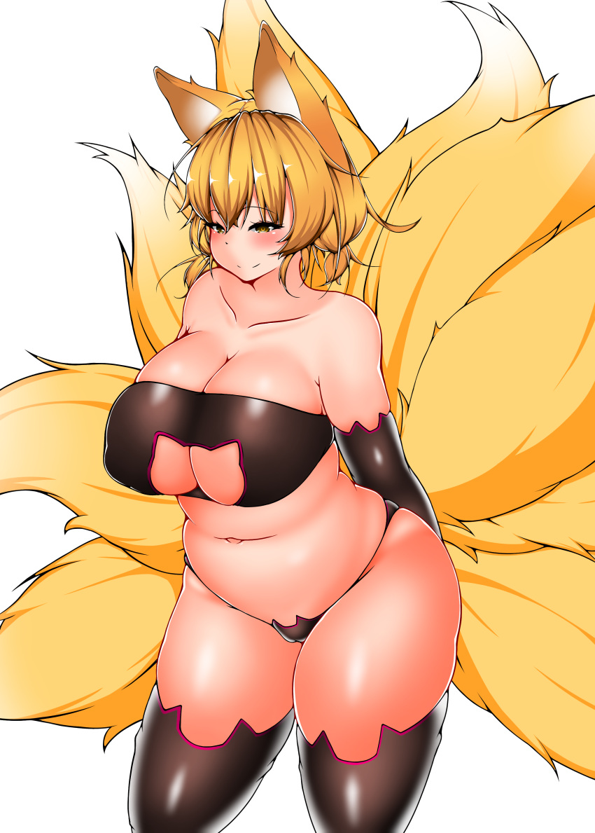 9_tails absurd_res animal_humanoid armwear big_breasts blonde_hair blush breasts camel_toe canid canid_humanoid canine canine_humanoid cat_lingerie cleavage cleavage_cutout clothed clothing curvy_figure female fluffy fluffy_tail fox_humanoid hair hi_res huge_breasts humanoid legwear light_skin lingerie looking_at_viewer mammal mammal_humanoid multi_tail navel nipple_outline panties ran_yakumo simple_background skimpy skindentation slightly_chubby smile solo standing stockings thick_thighs touhou underwear video_games voluptuous white_background wide_hips yellow_eyes コタツ_狐龍