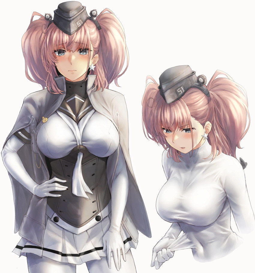 1girl atlanta_(kantai_collection) blush bodysuit breasts brown_hair cosplay earrings eyebrows_visible_through_hair garrison_cap hair_between_eyes hair_ornament hat highres jewelry kantai_collection kokuzoo large_breasts long_hair long_sleeves pleated_skirt sailor_collar school_uniform serafuku simple_background skirt solo star star_earrings suzutsuki_(kantai_collection) suzutsuki_(kantai_collection)_(cosplay) two_side_up white_background white_bodysuit