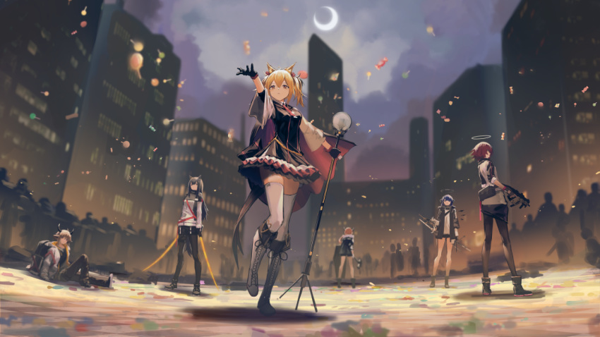 1boy 5girls 6+others animal_ear_fluff animal_ears arknights artist_request bison_(arknights) black_gloves black_hair black_legwear blonde_hair candy cityscape crescent_moon croissant_(arknights) exusiai_(arknights) fingerless_gloves food gloves gun hair_between_eyes halo holding holding_weapon jacket long_hair microphone moon mostima_(arknights) multiple_girls multiple_others official_art pantyhose red_eyes red_hair short_hair sora_(arknights) sword tail texas_(arknights) thighhighs twintails weapon white_jacket