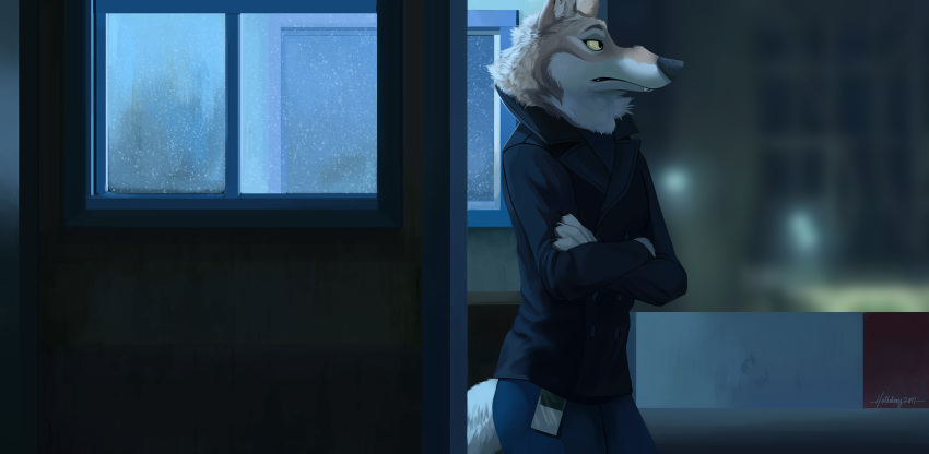 2016 anthro bottomwear brown_body brown_fur canid canine canis clothed clothing coat crossed_arms disney fully_clothed fur glass hi_res light lighting major_wolf mammal outside pants snowfoxatheart solo standing topwear white_body white_fur window wolf zootopia