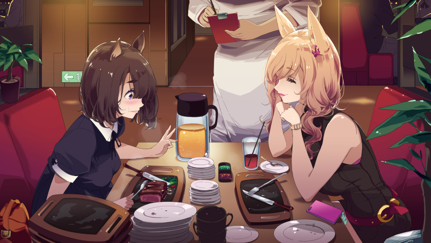 1boy 2girls animal_ears blonde_hair booth brown_hair cellphone clipboard closed_eyes commentary_request elbows_on_table empty_plate food fork fox_ears fox_girl_(mikoto_akemi) full_mouth holding holding_fork indoors knife long_hair medium_hair mikoto_akemi multiple_girls original phone plate plate_stack raccoon_ears raccoon_girl_(mikoto_akemi) restaurant sitting sweatdrop table w watch wide-eyed wristwatch