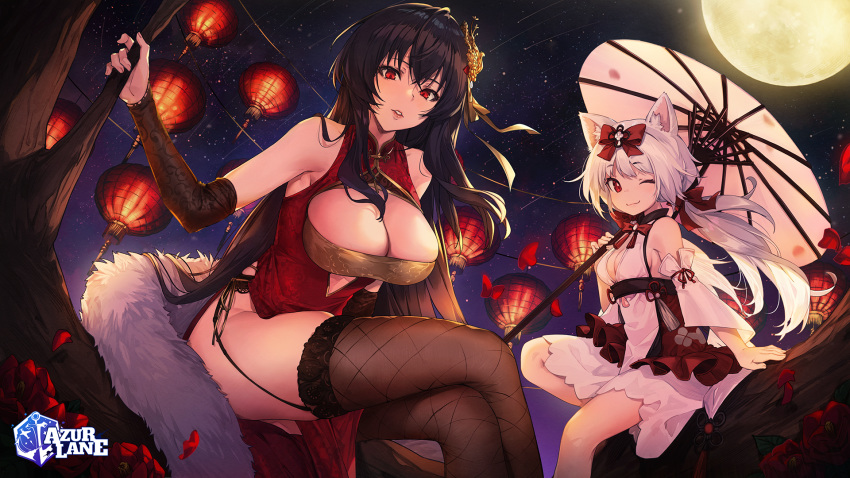 2girls animal_ears arm_warmers azur_lane bare_shoulders black_hair bow breasts brown_legwear cat_ears china_dress chinese_clothes cleavage crossed_legs detached_sleeves dress feather_boa full_moon garter_straps hair_bow hair_ornament highres holding holding_umbrella lantern large_breasts long_hair looking_at_viewer medium_breasts meteor_shower moon multiple_girls nagu night night_sky official_art one_eye_closed oriental_umbrella paper_lantern parted_lips pelvic_curtain red_bow red_dress red_eyes sitting sky sleeveless sleeveless_dress smile star_(sky) starry_sky taihou_(azur_lane) taihou_(phoenix's_spring_song)_(azur_lane) thighhighs thighs tree umbrella very_long_hair watermark white_dress white_hair yukikaze_(azur_lane) yukikaze_(winter's_snowy_wind)_(azur_lane)