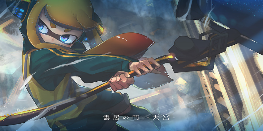 1girl aqua_jacket aqua_legwear aqua_shorts bangs blonde_hair blue_eyes blunt_bangs blush boots domino_mask dutch_angle glowing glowing_eyes gradient_hair headphones highres holding holding_weapon inkling jacket jumping kashu_(hizake) light_blush long_hair long_sleeves looking_to_the_side mask motion_lines multicolored_hair nintendo nose_blush orange_hair outstretched_arms red_hair shiny shiny_hair shorts solo splat_roller_(splatoon) splatoon_(series) splatoon_1 squidbeak_splatoon tentacle_hair tentacles thigh_boots thighhighs translation_request twintails vest weapon yellow_vest