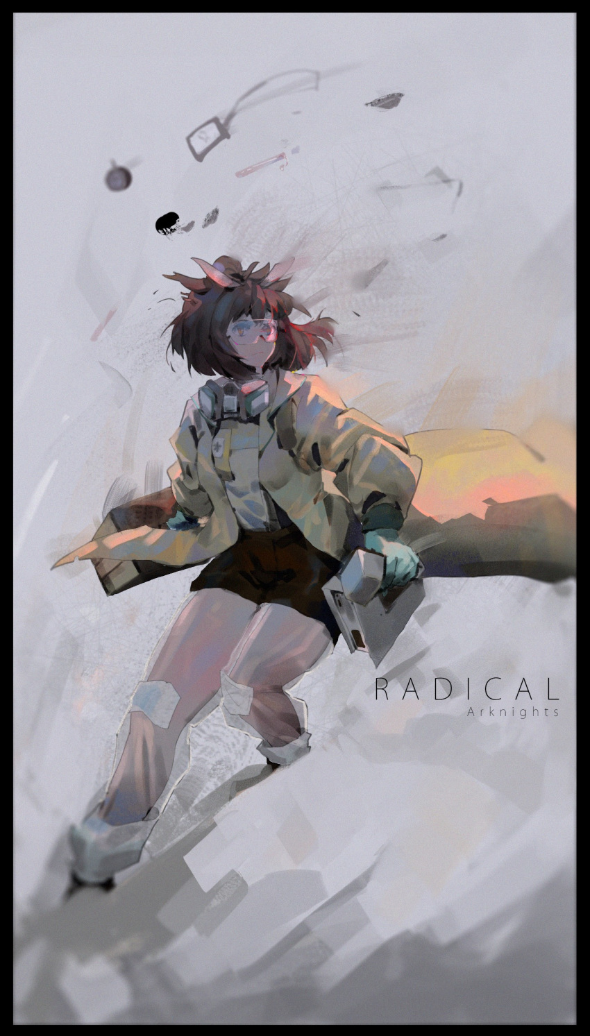 1girl absurdres arknights bangs bob_cut brown_hair case copyright_name debris feathers geiger_counter gloves hazmat_suit highres loftcat looking_to_the_side mask ponytail safety_glasses silence_(arknights) skirt sunset