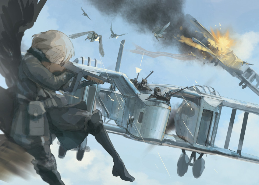 1girl aiming aircraft airplane asterisk_kome banner biplane black_footwear black_jacket black_pants blue_sky boots brown_hair cloud cloudy_sky commentary day explosion flying gun highres holding holding_gun holding_weapon jacket knee_boots machine_gun military military_uniform multiple_others pants pouch short_hair sky solo_focus uniform weapon winged_fusiliers wings