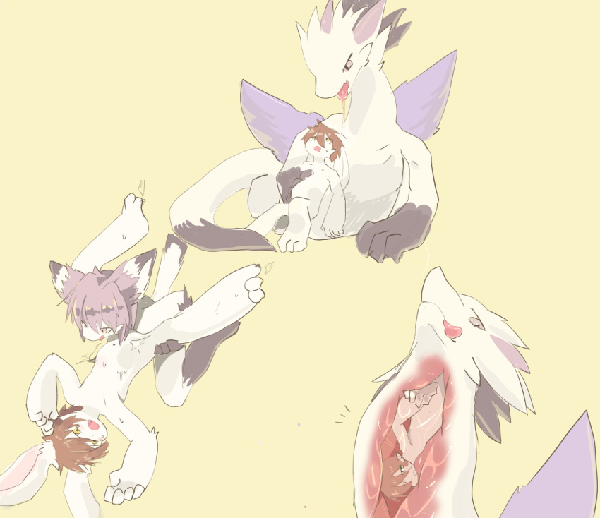 abdominal_bulge anal anthro anthro_to_feral bodily_fluids brown_hair cub dragon drooling eipon_tarou feral fur furred_dragon hair hi_res internal lagomorph leporid male male/male male_pred male_prey mammal oral_vore purple_hair rabbit saliva sex simple_background transformation vore white_body white_fur yellow_background young