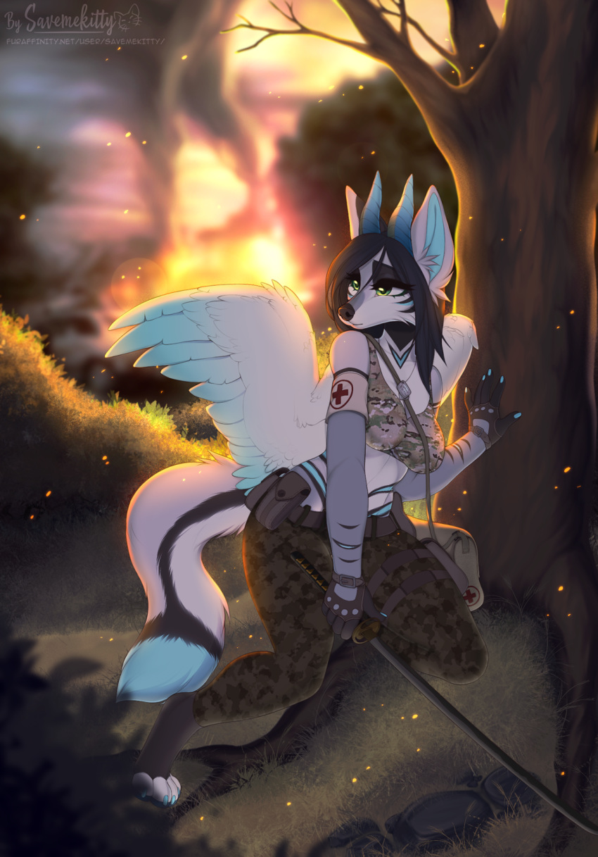 2020 4_toes 5_fingers anthro black_nose breasts canid canine clothed clothing detailed_background digital_media_(artwork) eyebrows eyelashes feathered_wings feathers female fingers green_eyes hi_res hybrid mammal savemekitty toes wings
