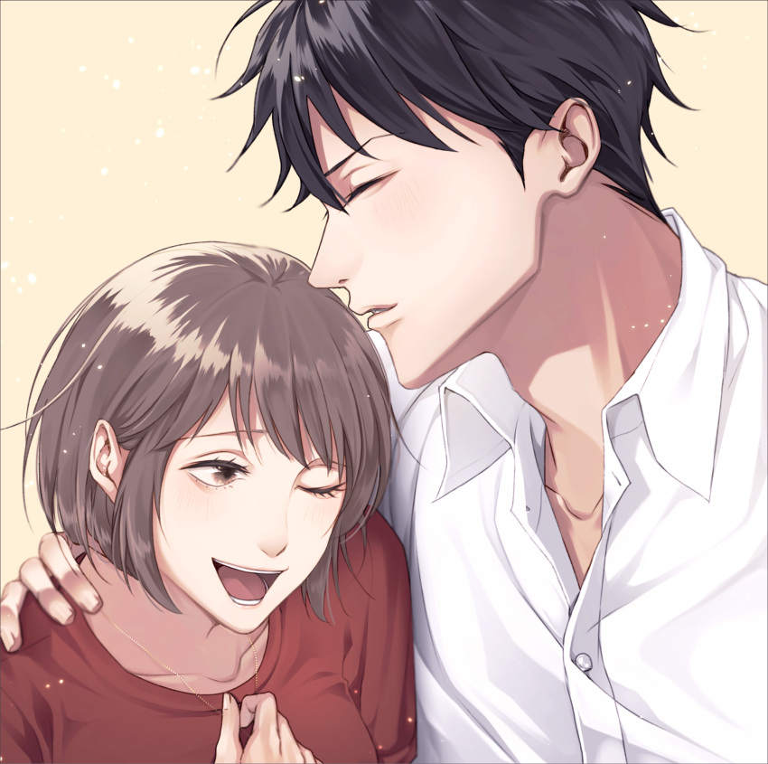 1boy 1girl ;d bangs black_hair blush brown_eyes brown_hair chiaki_shin'ichi closed_eyes hetero highres jewelry necklace noda_megumi nodame_cantabile one_eye_closed open_mouth red_shirt sawao_(kenban2) shirt short_hair simple_background smile upper_body white_shirt