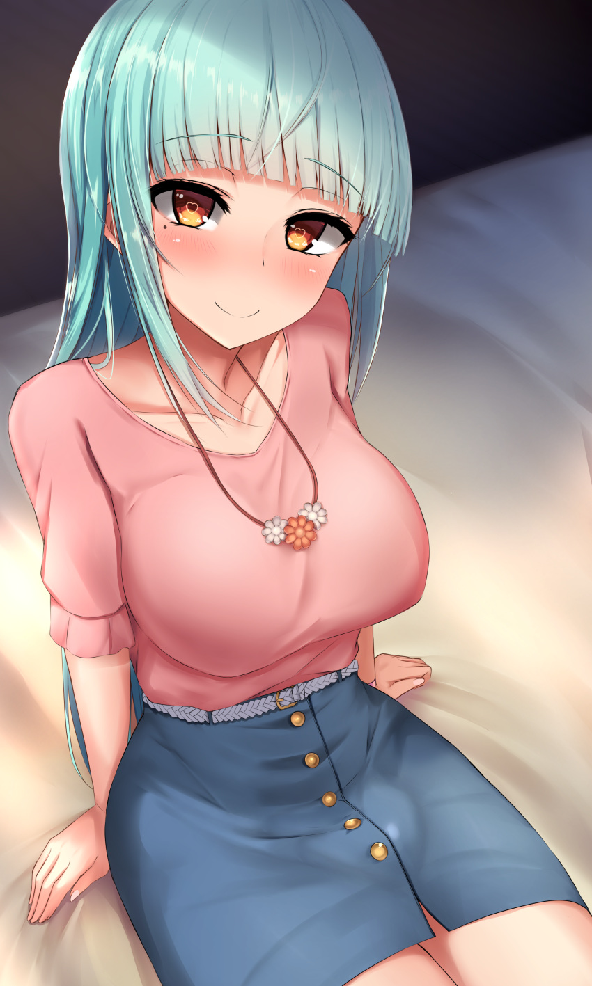 1girl absurdres akiamare aqua_hair bangs bed belt blue_skirt blunt_bangs blush breasts bulge buttons closed_mouth collarbone eyebrows_visible_through_hair futanari futatama_channel futatama_tsukasa heart heart-shaped_pupils highres jewelry large_breasts long_hair looking_at_viewer miniskirt mole mole_under_eye necklace nose_blush on_bed orange_eyes pink_shirt shirt short_sleeves sitting sitting_on_bed skirt smile solo symbol-shaped_pupils very_long_hair virtual_youtuber white_belt