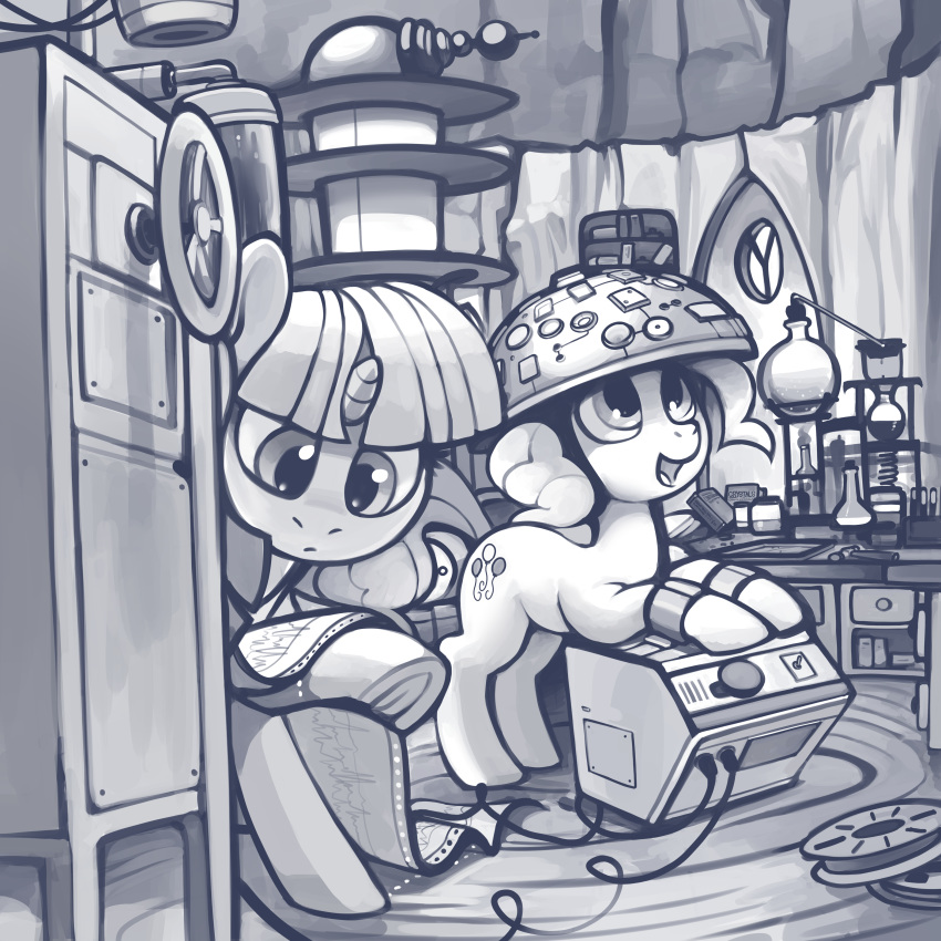 1:1 2020 absurd_res armor dimfann duo earth_pony equid equine female feral friendship_is_magic greyscale hair headgear helmet hi_res horn horse inside laboratory machine mammal monochrome multicolored_hair my_little_pony pinkie_pie_(mlp) pony twilight_sparkle_(mlp) unicorn