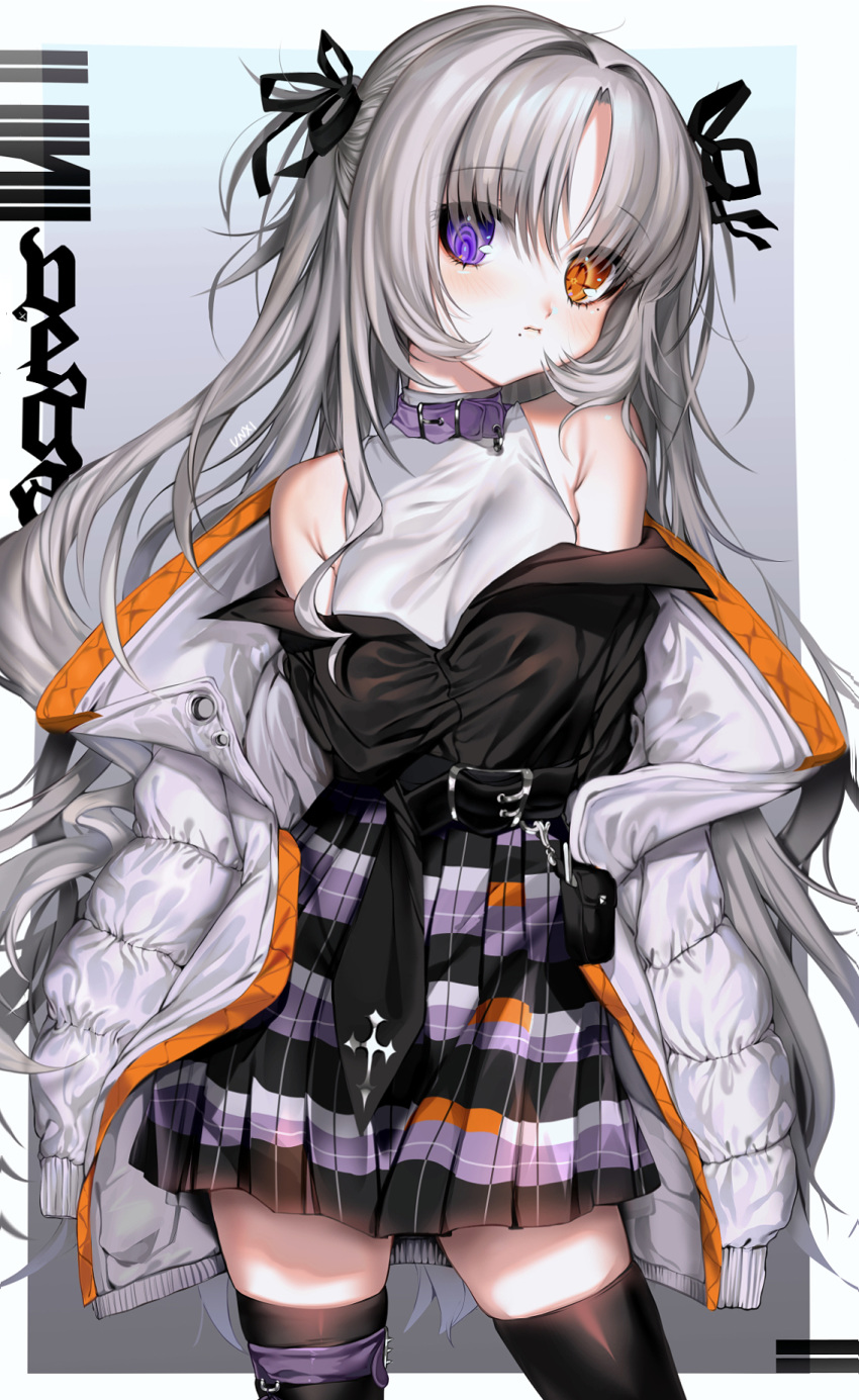 1girl artist_name bangs bare_shoulders belt belt_buckle black_belt black_legwear black_ribbon black_shirt blush breasts brown_eyes buckle closed_mouth eyebrows_visible_through_hair grey_background grey_hair hair_between_eyes hair_ribbon heterochromia highres jacket long_hair looking_at_viewer medium_breasts mole mole_under_mouth off_shoulder open_clothes open_jacket original parted_bangs plaid plaid_skirt pleated_skirt purple_collar purple_eyes ribbon shirt signature skindentation skirt sleeveless sleeveless_shirt solo thighhighs two-tone_background two_side_up unxi very_long_hair white_background white_jacket white_shirt