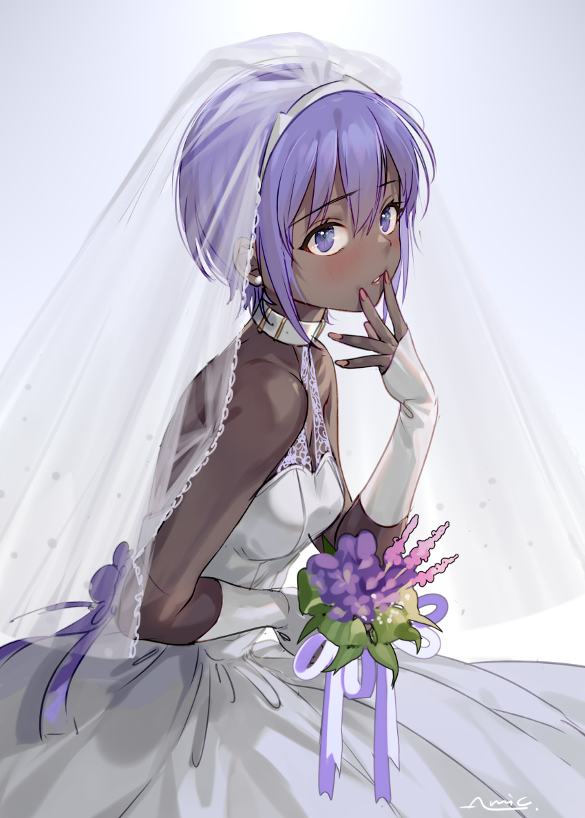 1girl absurdres al_mican bare_shoulders blush bouquet breasts bridal_veil collar dark_skin dress fate/prototype fate/prototype:_fragments_of_blue_and_silver fate_(series) flower hair_between_eyes hassan_of_serenity_(fate) highres looking_at_viewer parted_lips purple_eyes purple_hair short_hair solo veil wedding_dress