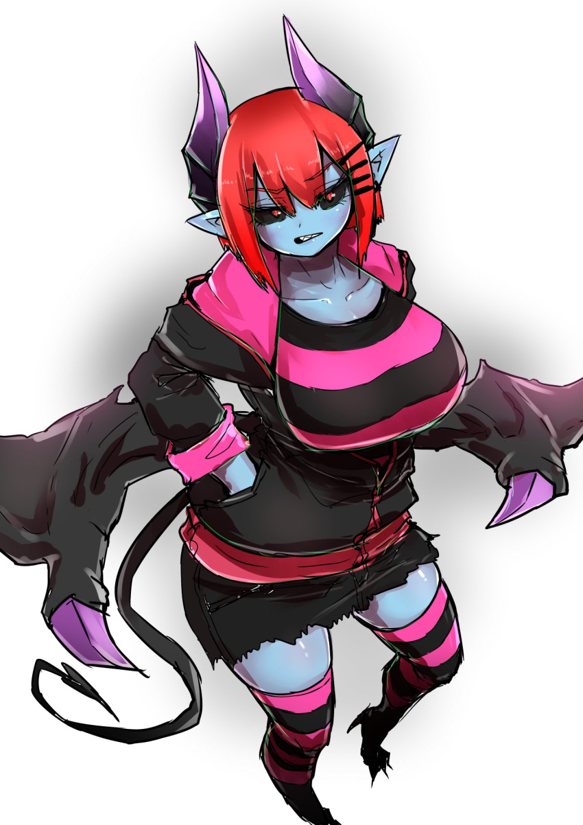 1girl angry black_sclera blue_skin hands_in_pockets highres horns juugoya_(zyugoya) original punkish_gothic purple_horns red_eyes red_hair sharp_teeth shirt short_hair shorts sleeves_rolled_up striped striped_legwear striped_shirt teeth torn_clothes torn_shorts white_background