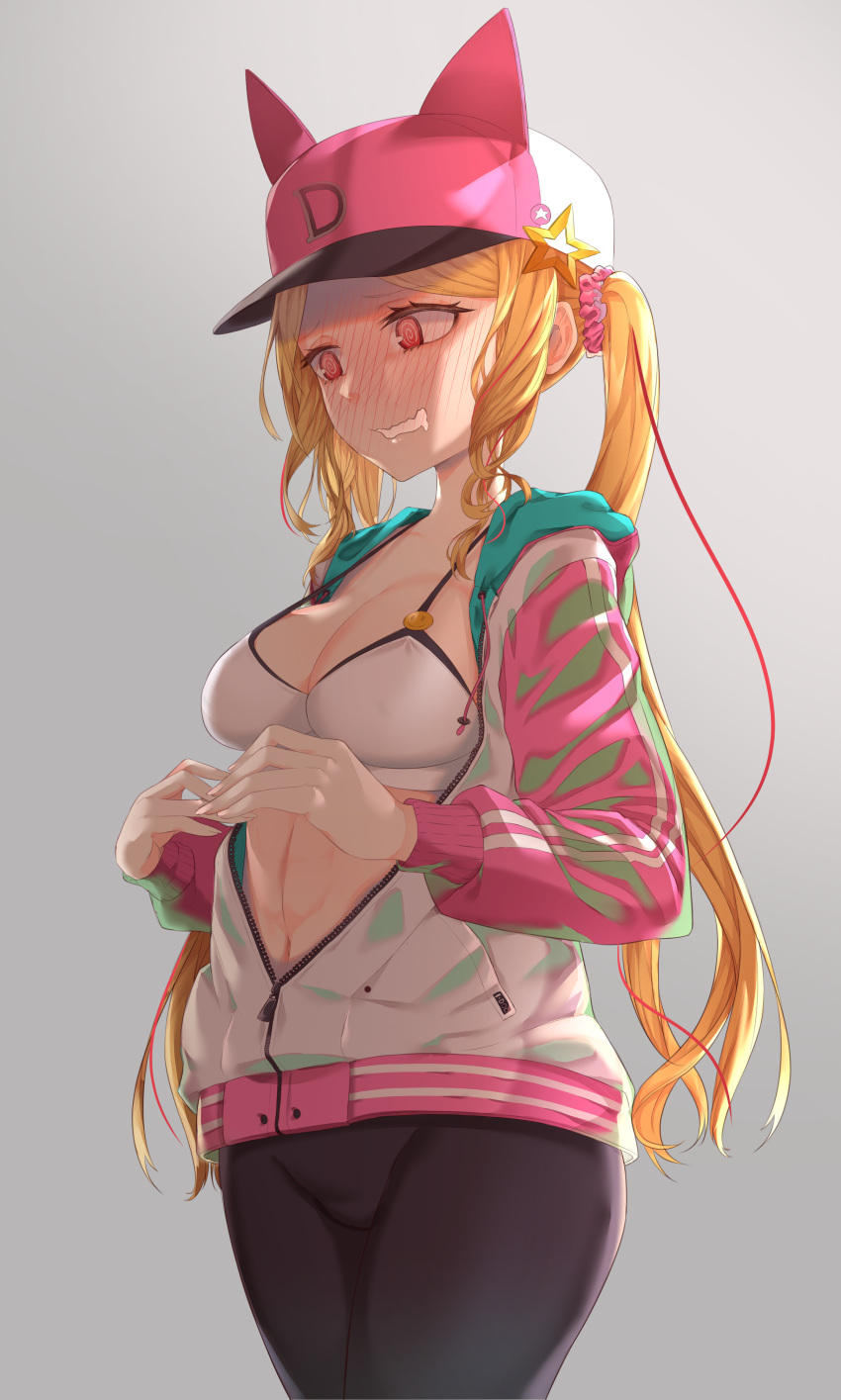 1girl @_@ absurdres adella_(some_some_convenience_store) animal_hat bangs bare_shoulders black_legwear blonde_hair blush breasts cat_hat covered_nipples drooling full-face_blush grey_background hair_ornament hair_scrunchie hat highres hood hooded_jacket jacket large_breasts long_hair long_sleeves multicolored_hair navel open_clothes open_jacket pantyhose parted_bangs pink_scrunchie purple_eyes scrunchie sidelocks solo some_some_convenience_store strap_gap streaked_hair talesshop tjrwnsleo unzipped very_long_hair wavy_mouth white_bikini_top zipper zipper_pull_tab