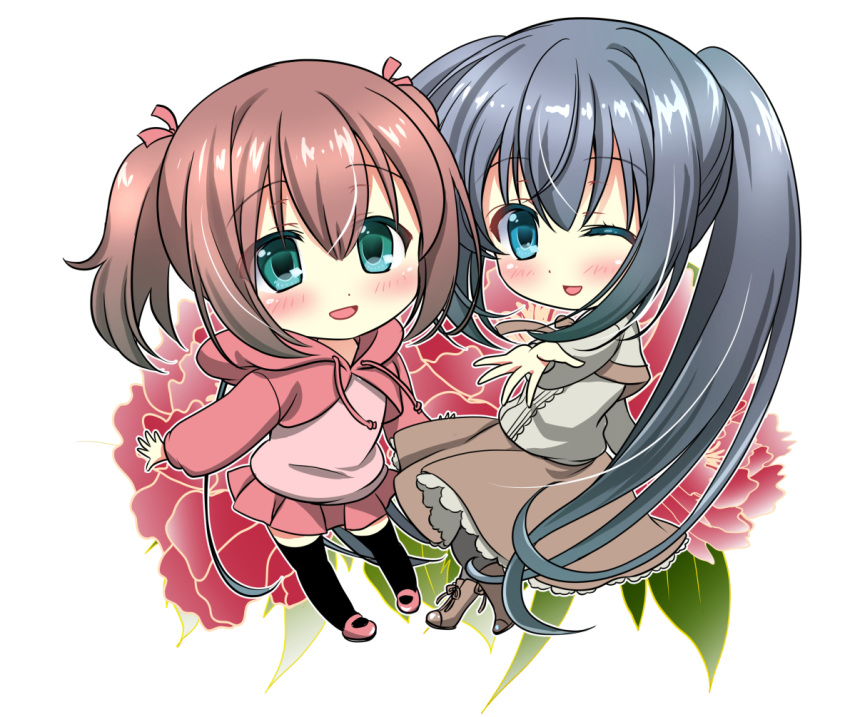 2girls bangs beige_shirt black_hair black_legwear blue_eyes blush boots brown_hair brown_skirt capelet chibi commentary_request eyebrows_visible_through_hair floral_background flower_request green_eyes hair_between_eyes hair_ribbon hood hoodie kayura_yuka layered_skirt long_hair long_skirt looking_at_viewer multiple_girls one_eye_closed open_mouth original outstretched_arms pantyhose pink_shirt pink_skirt plaid plaid_skirt ribbon shirt short_hair side_ponytail sidelocks simple_background skirt smile thighhighs two_side_up very_long_hair white_background