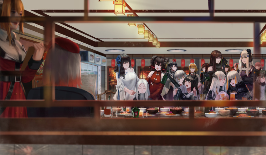 404_(girls_frontline) 6+girls absurdres agent_(girls_frontline) alcohol architect_(girls_frontline) beak_(girls_frontline) beer beer_mug beret bowl china_dress chinese_clothes chinese_commentary chinese_new_year commentary_request dress elisa_(girls_frontline) food g11_(girls_frontline) g36_(girls_frontline) gager_(girls_frontline) gentiane_(girls_frontline) girls_frontline hat highres hk416_(girls_frontline) huge_filesize kalina_(girls_frontline) m16a1_(girls_frontline)_(boss) m4a1_(girls_frontline) meat mod3_(girls_frontline) multiple_girls ouroboros_(girls_frontline) qbz-95_(girls_frontline) qbz-97_(girls_frontline) restaurant sangvis_ferri siblings sisters st_ar-15_(girls_frontline) ump45_(girls_frontline) ump9_(girls_frontline) wa2000_(girls_frontline) yuanhe_mx