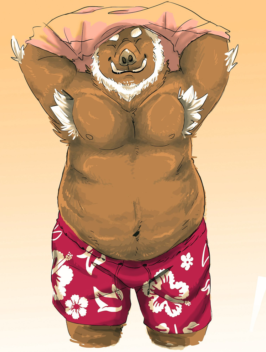 2018 anthro belly brown_body brown_fur burrnie clothing eyes_closed fur hi_res male mammal moobs navel nipples overweight overweight_male shirt solo suid suina sus_(pig) swimwear topwear undressing wild_boar