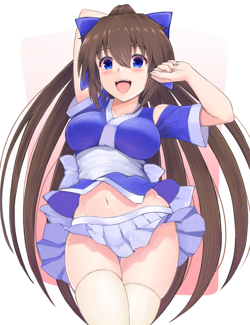 1girl :d absurdres arm_up bangs blue_bow blue_eyes blue_skirt bow breasts brown_background brown_hair collarbone commentary_request eyebrows_visible_through_hair groin hair_bow high_ponytail highres long_hair looking_at_viewer medium_breasts nagasarete_airantou navel obi open_mouth pleated_skirt ponytail sash short_sleeves skindentation skirt smile solo suzu_(nagasarete_airantou) temari_rin two-tone_background upper_teeth very_long_hair white_background white_legwear