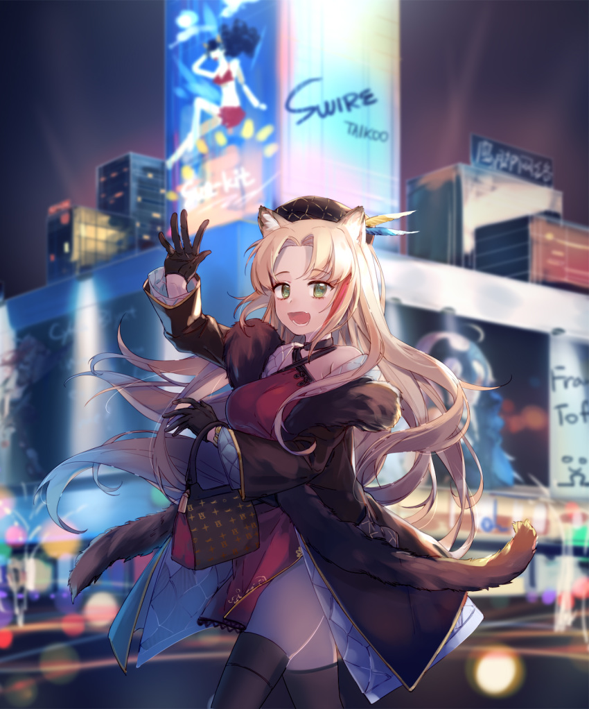 1girl animal_ears arknights bangs bare_shoulders black_footwear black_gloves blonde_hair blurry blurry_background breasts cat_ears commentary gloves hat highres jeanne_d'arc_(alter)_(fate) jeanne_d'arc_(fate)_(all) large_breasts long_hair open_mouth outdoors smile solo swire_(arknights) tail yorktown_cv-5