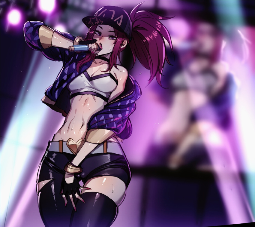 1girl akali belt black_gloves black_legwear blurry blurry_background cameltoe fingerless_gloves fingernails gloves heart holding holding_microphone jacket k/da_(league_of_legends) k/da_akali league_of_legends long_hair microphone mr._skull music navel padded_jacket pink_nails ponytail purple_eyes purple_hair purple_jacket shaded_face shiny shiny_skin shorts singing sitting solo sweat thighhighs white_belt