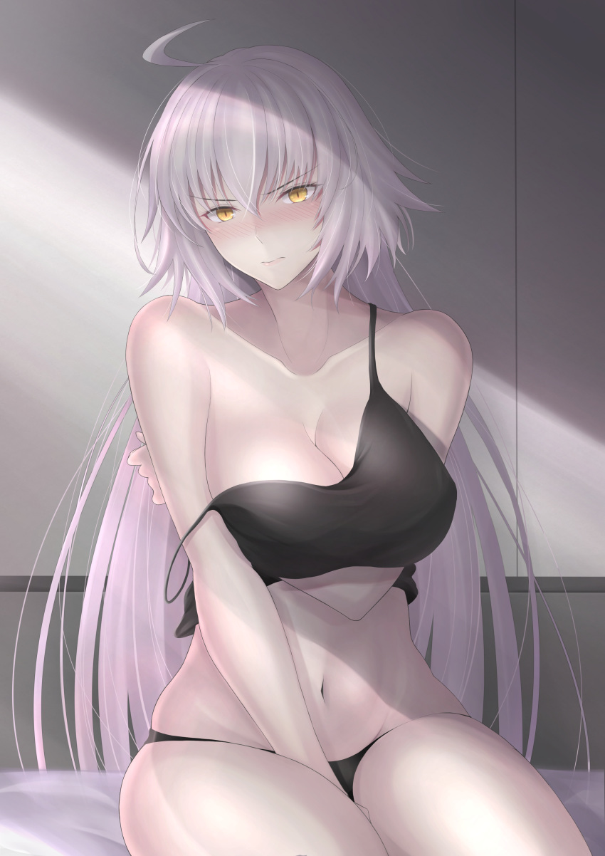 1girl absurdres ahoge bangs bare_shoulders breasts closed_mouth eyebrows_visible_through_hair fate/grand_order fate_(series) grey_background highres jeanne_d'arc_(alter)_(fate) jeanne_d'arc_(fate)_(all) large_breasts long_hair on_bed penguintake silver_hair sitting tsurime two-tone_background wall wicked_dragon_witch_ver._shinjuku_1999 yellow_eyes
