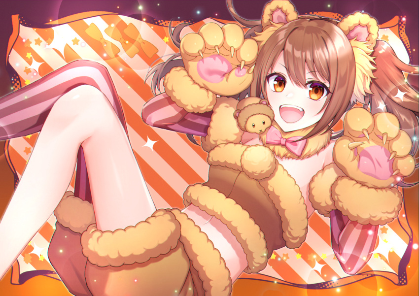 1boy akariko animal_ears bangs bare_shoulders blush brown_hair brown_shorts commentary_request crossdressing eyebrows_visible_through_hair fangs green_eyes idolmaster idolmaster_side-m lion_ears lion_paws long_hair looking_at_viewer male_focus mizushima_saki navel open_mouth orange_eyes otoko_no_ko pink_ribbon ribbon short_shorts shorts single_leg_pantyhose smile solo striped striped_legwear stuffed_animal stuffed_toy twintails