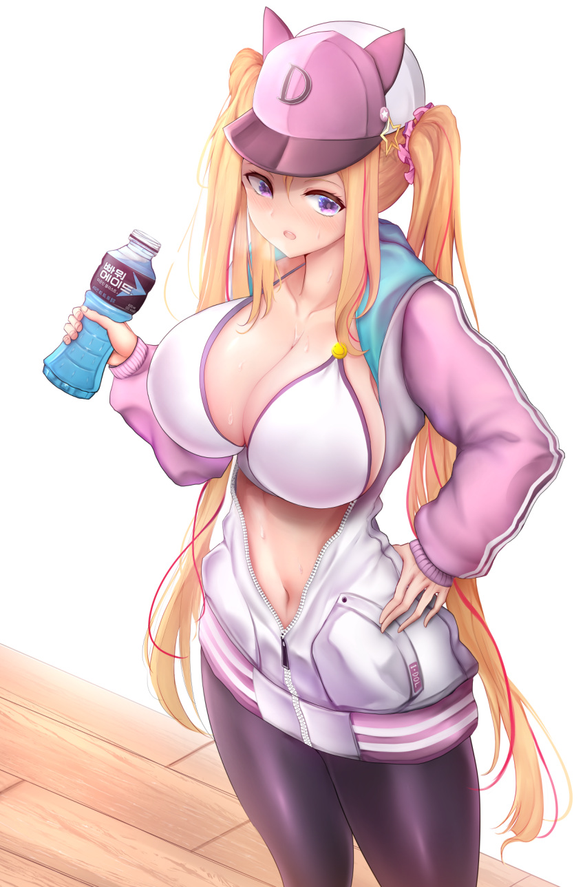 1girl adella_(some_some_convenience_store) animal_hat bare_shoulders baseball_cap blonde_hair blush bottle breasts breath cleavage curvy drink gbsn hair_ornament hair_scrunchie hand_on_hip hat highres holding holding_bottle hood hooded_jacket jacket large_breasts long_hair looking_at_viewer multicolored_hair navel nose_blush open_clothes open_jacket open_mouth pantyhose purple_eyes scrunchie solo some_some_convenience_store sports_drink standing star star_hair_ornament stomach streaked_hair sweat talesshop unzipped very_long_hair white_bikini_top wooden_floor zipper zipper_pull_tab