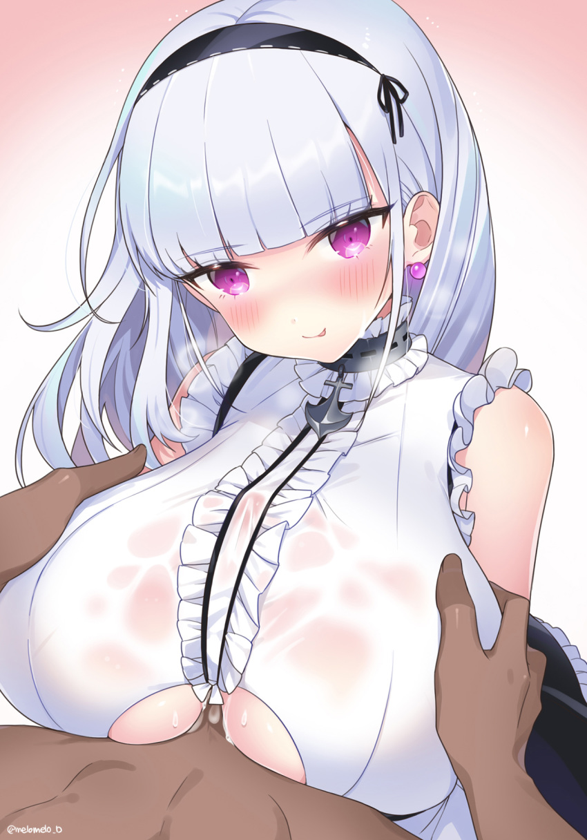 1boy 1girl :q anchor apron azur_lane balck_skirt bangs bare_shoulders black_hairband blunt_bangs blush breast_grab breast_squeeze breasts center_frills collar cum cum_on_body cum_on_breasts cum_on_upper_body dido_(azur_lane) eyebrows_visible_through_hair frilled_shirt frills grabbing gradient gradient_background hairband hetero highres huge_breasts long_hair looking_at_viewer maid melomelo_d paizuri paizuri_under_clothes penis purple_earrings purple_eyes shirt silver_hair sleeveless solo_focus sweat tongue tongue_out underboob underboob_cutout waist_apron white_apron white_shirt