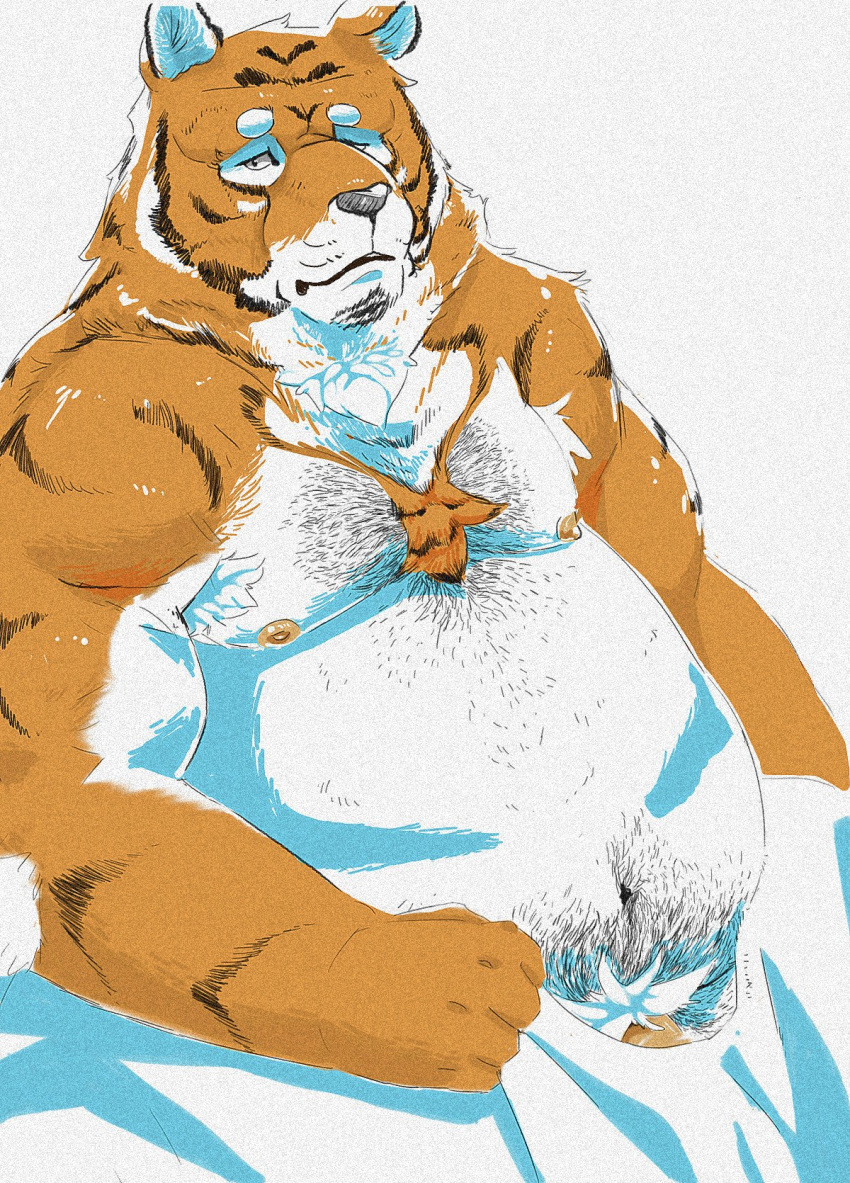 2018 anthro belly burrnie felid genitals hi_res humanoid_hands male mammal moobs navel nipples overweight overweight_male pantherine penis pubes simple_background sitting solo tiger