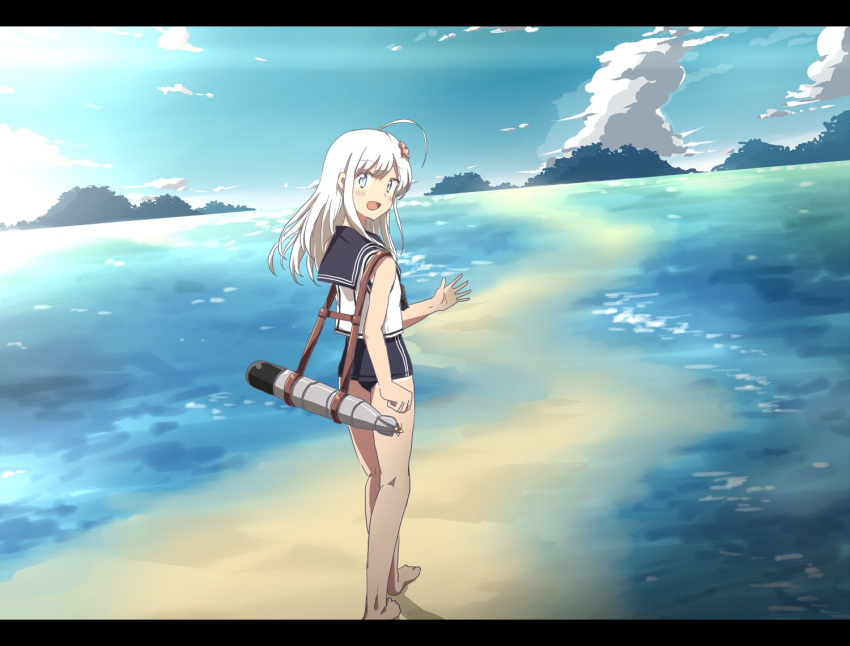 1girl any_(lucky_denver_mint) bangs blue_sky blush cloud commentary_request eyebrows_visible_through_hair flower hair_flower hair_ornament kantai_collection long_hair looking_at_viewer ocean one-piece_swimsuit open_mouth outdoors sky smile solo swimsuit torpedo white_hair