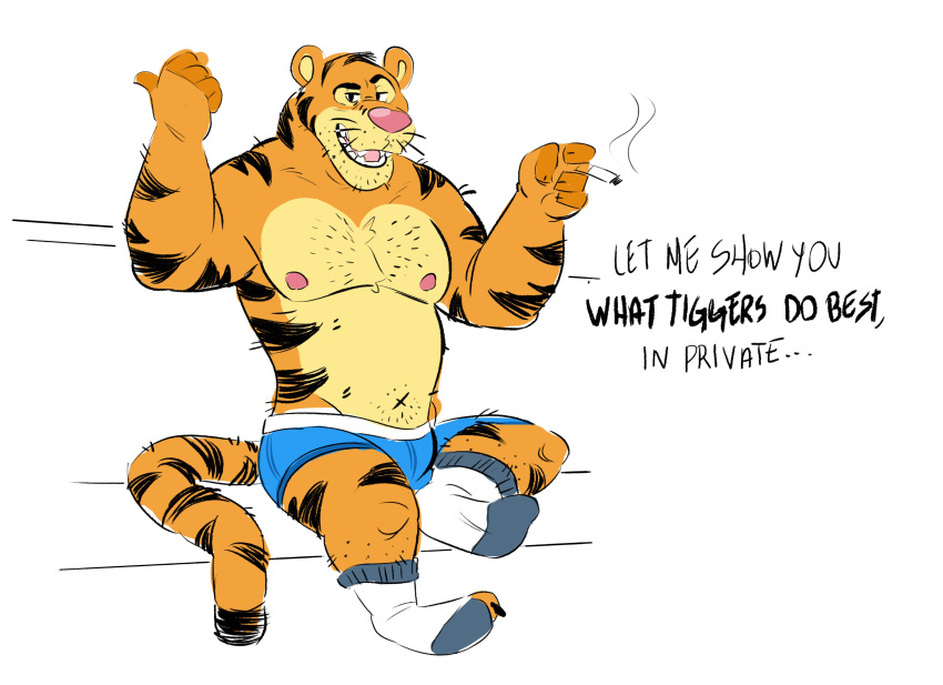 2020 absurd_res anthro burrnie clothing disney english_text felid hi_res male mammal navel nipples pantherine pink_nose sitting solo text tiger tigger underwear winnie_the_pooh_(franchise)