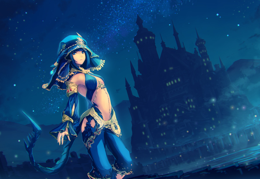 1girl arabian_clothes armpits blue_eyes blue_hair blue_headwear blue_pants blue_sleeves breasts castle commentary_request detached_sleeves fog harem_pants highres hood looking_at_viewer night night_sky original pants short_hair sky small_breasts solo star_(sky) starry_sky tail tenmaso