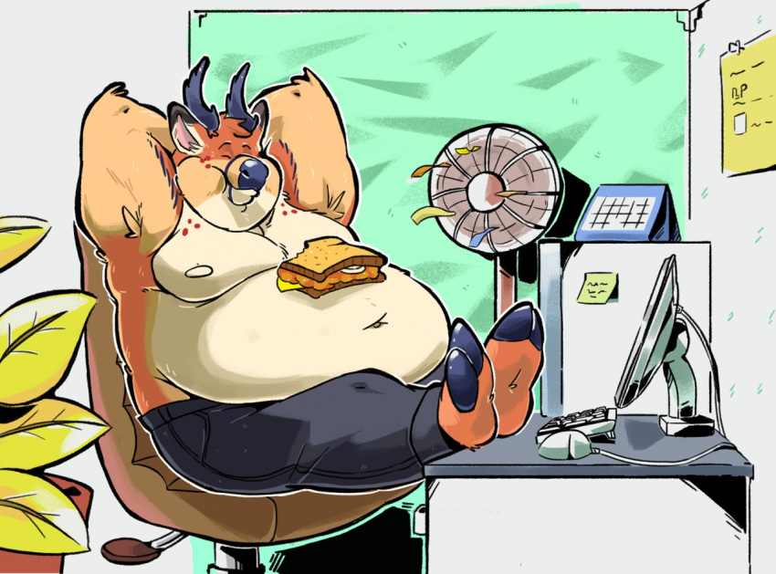 2018 anthro belly bottomwear burrnie cervid clothing computer detailed_background eyes_closed food male mammal moobs navel nipples overweight overweight_male pants sitting solo