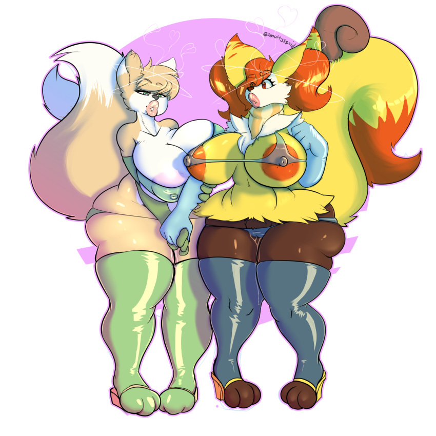 1:1 anthro areola big_breasts bimbofication bodily_fluids braixen breasts canid canine clothing digital_media_(artwork) duo female fox fur genitals hair hi_res huge_breasts inner_ear_fluff jroy101 lips makeup mammal nintendo nipples pok&eacute;mon pok&eacute;mon_(species) pussy rubber simple_background thick_thighs transformation tuft video_games