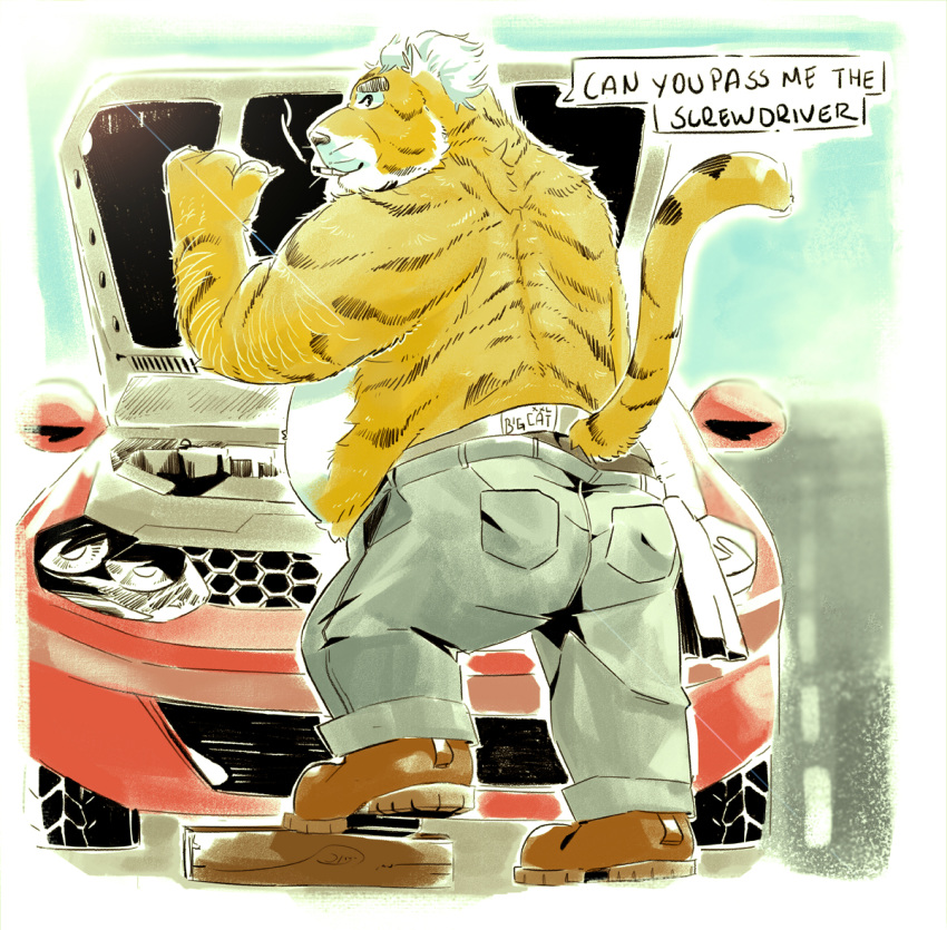 2018 anthro belly bottomwear burrnie butt car cigarette clothing english_text felid humanoid_hands male mammal overweight overweight_male pantherine pants smoke smoking solo text tiger vehicle