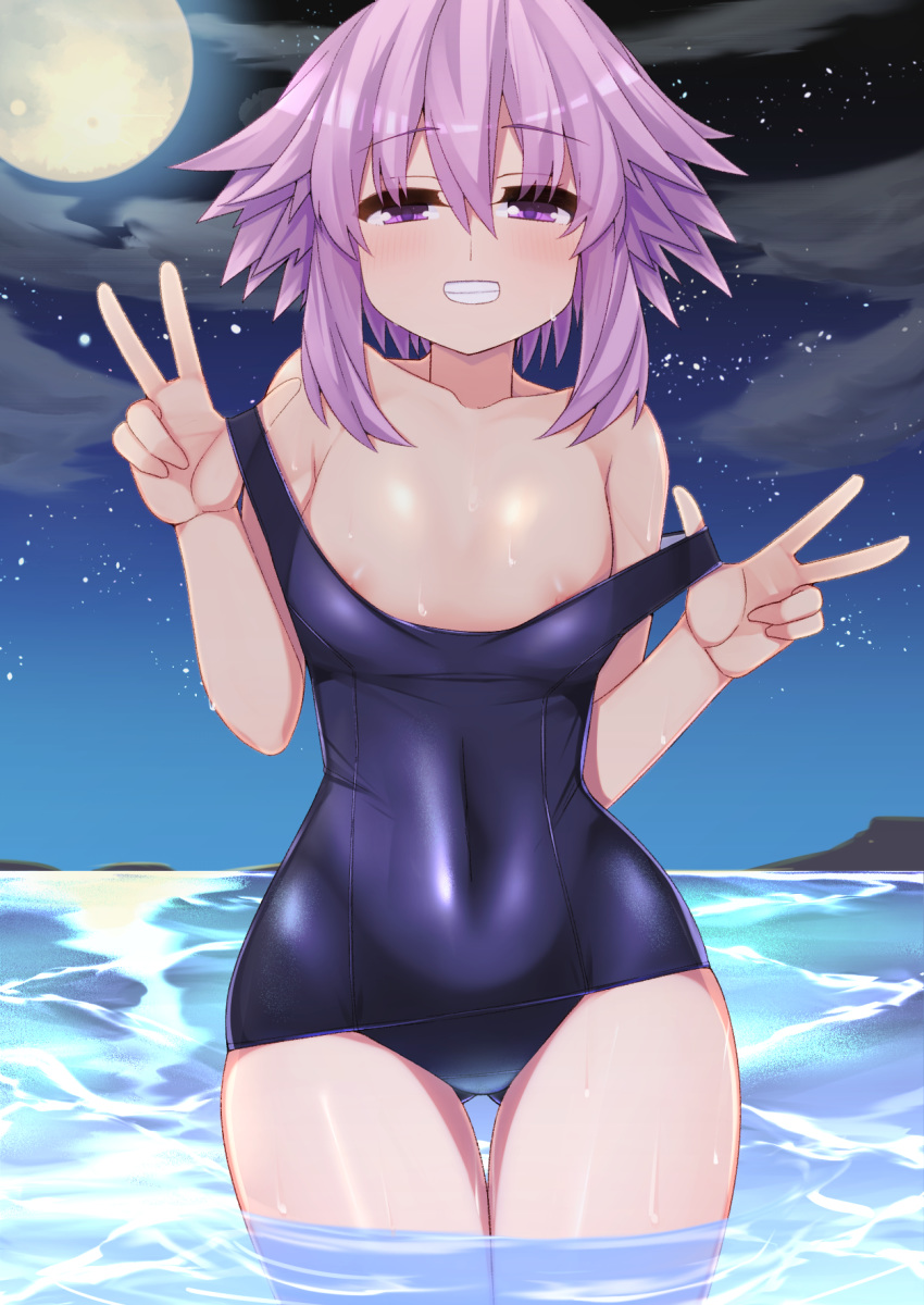 1girl blush breasts choujigen_game_neptune covered_navel double_v dura eyebrows_visible_through_hair full_moon highres looking_at_viewer moon neptune_(neptune_series) neptune_(series) night ocean old_school_swimsuit one-piece_swimsuit outdoors purple_eyes purple_hair salute school_swimsuit short_hair small_breasts smile solo swimsuit v wet