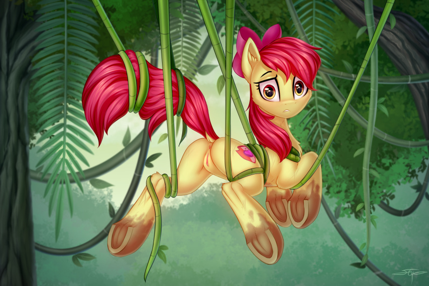 2020 accessory aged_up anus apple_bloom_(mlp) butt cutie_mark digital_media_(artwork) dock earth_pony equid equine female feral friendship_is_magic genitals hair_accessory hair_bow hair_ribbon hi_res hooves horse looking_at_viewer mammal my_little_pony pony pussy ribbons setharu solo suspension underhoof vines