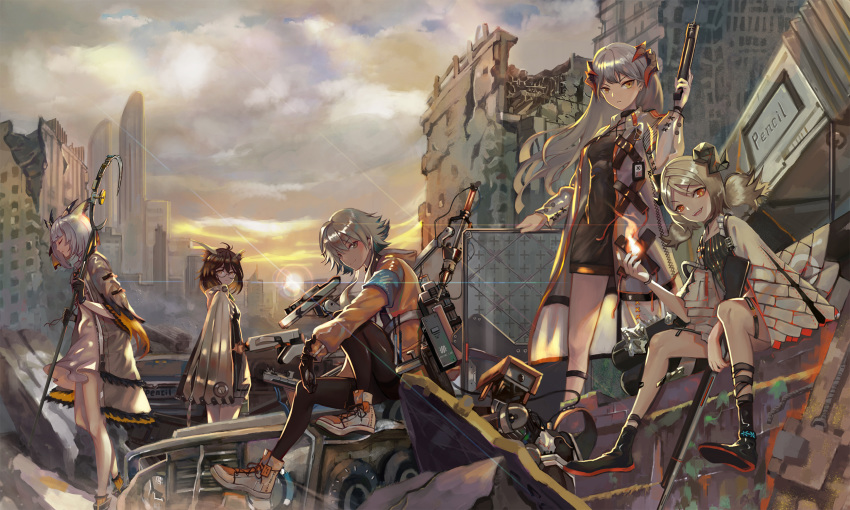 5girls arknights armband artist_name bangs blonde_hair bob_cut brown_hair building car cityscape cloak closed_eyes cloud cloudy_sky dress feathers fire glasses grey_eyes grin ground_vehicle high_collar highres horns ifrit_(arknights) jacket lens_flare long_hair looking_at_viewer mayer_(arknights) mechanical_arm motor_vehicle multiple_girls name_tag orange_jacket ore_lesion_(arknights) pantyhose pencil_(pixiv_9969380) platinum_blonde_hair ptilopsis_(arknights) robot ruins saria_(arknights) semi-rimless_eyewear shield shoes short_hair silence_(arknights) sky skyscraper smile sneakers staff sunset twintails white_coat white_dress wreckage yellow_eyes