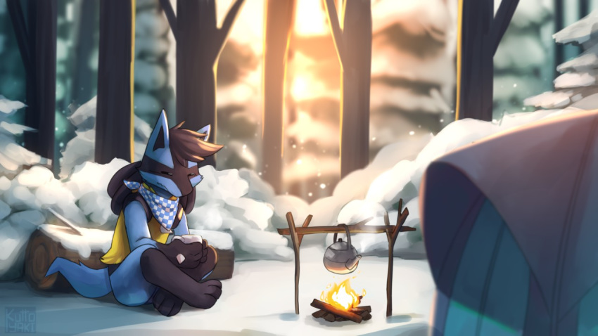 16:9 2019 3_toes 4_fingers ambiguous_gender anthro black_body black_fur blue_body blue_fur blue_scarf campfire camping checkered_scarf cheek_tuft crossed_legs day detailed_background ethan_(pklucario) eyes_closed facial_tuft fingers fire forest fur head_tuft kuttoyaki lucario multicolored_scarf nintendo outside pok&eacute;mon pok&eacute;mon_(species) scarf shaded shadow sitting snow solo spikes spit_(object) steam teapot tent toes tree tuft video_games white_scarf yellow_body yellow_fur